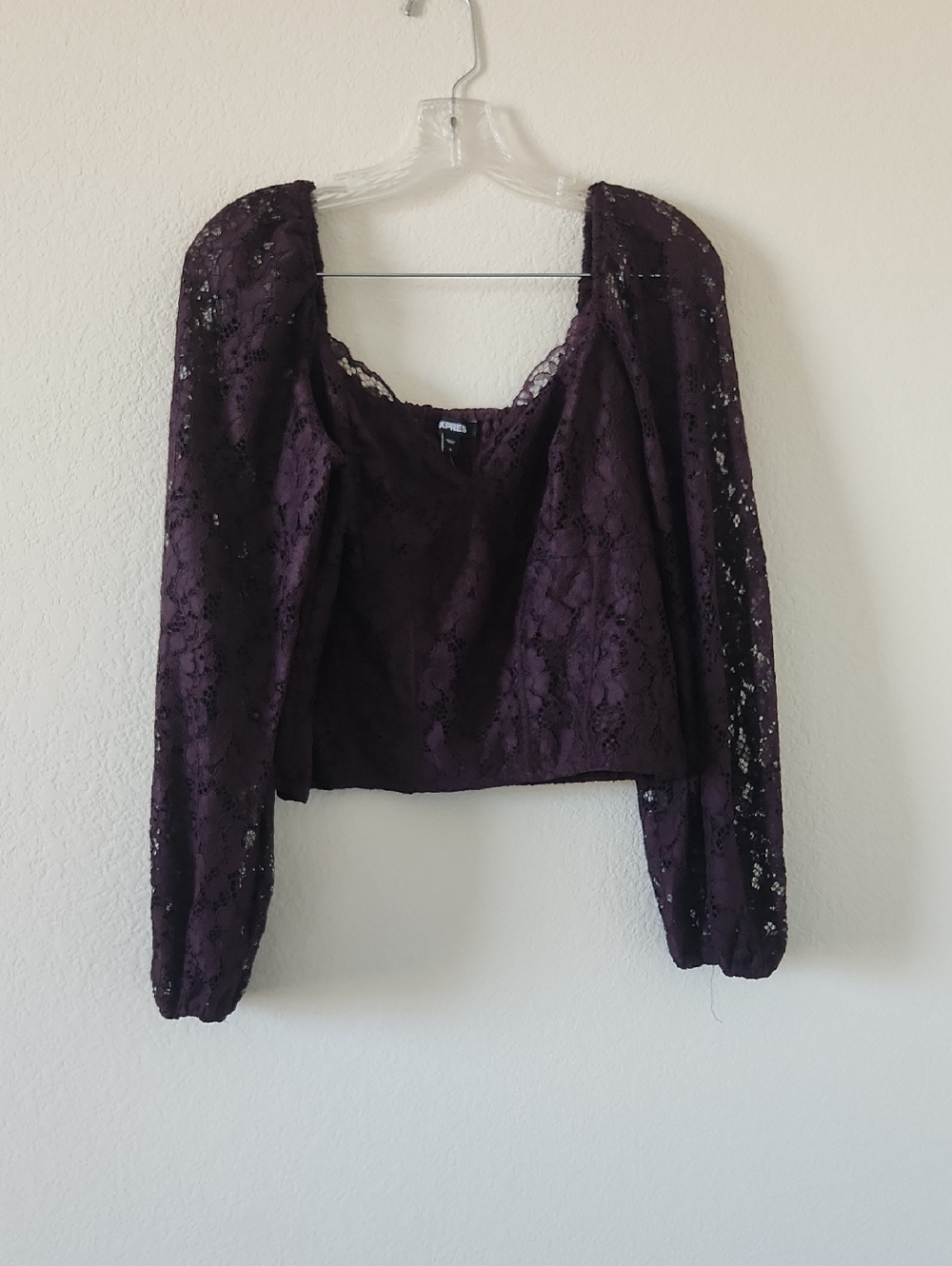Express Dark Plum Lace Square-Neck Cropped Blouse